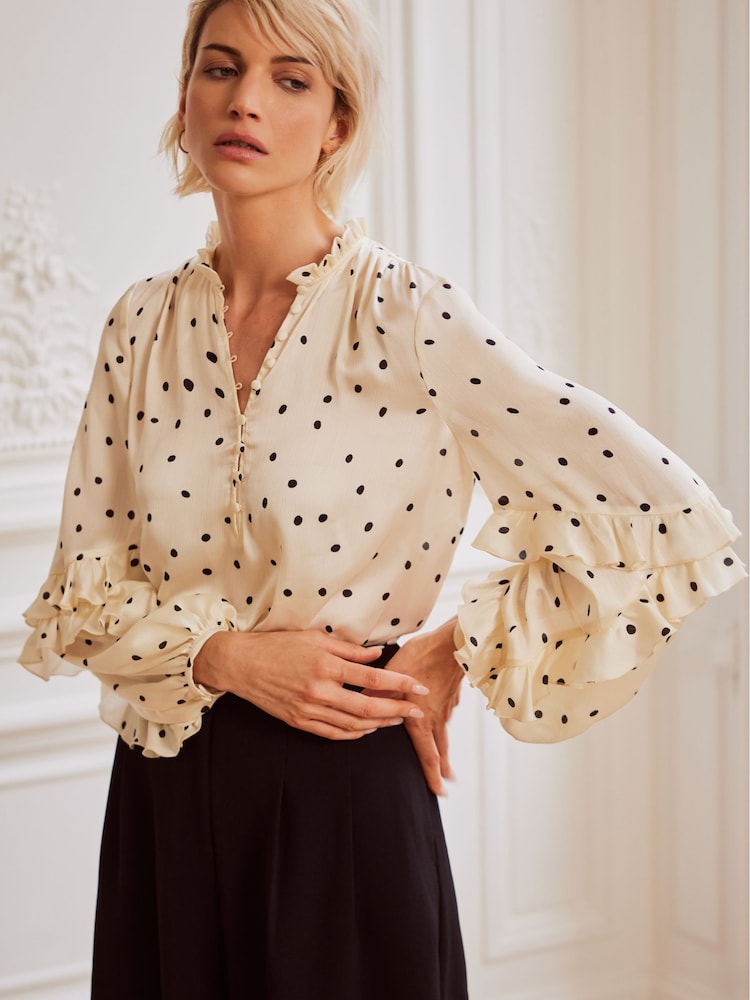 Mint Velvet Cream Polka Dot Print Ruffle Blouse - Image 2 of 4