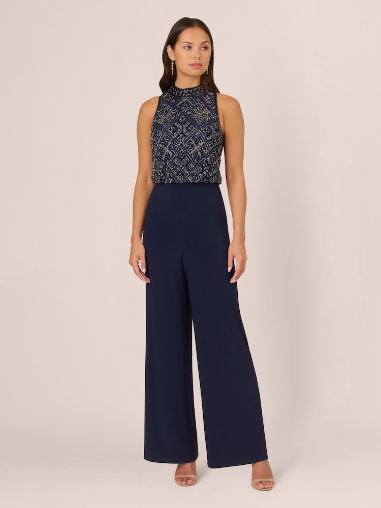 Adrianna Papell Blue Beaded Blouson Jumpsuit - Image 1 of 7