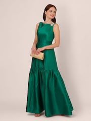 Adrianna Papell Green Mikado Flounce Shirred Gown - Image 3 of 7