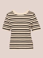Adrianna Papell Crew Neck Striped Pointelle White Sweater With Short Sleeves - Image 6 of 7