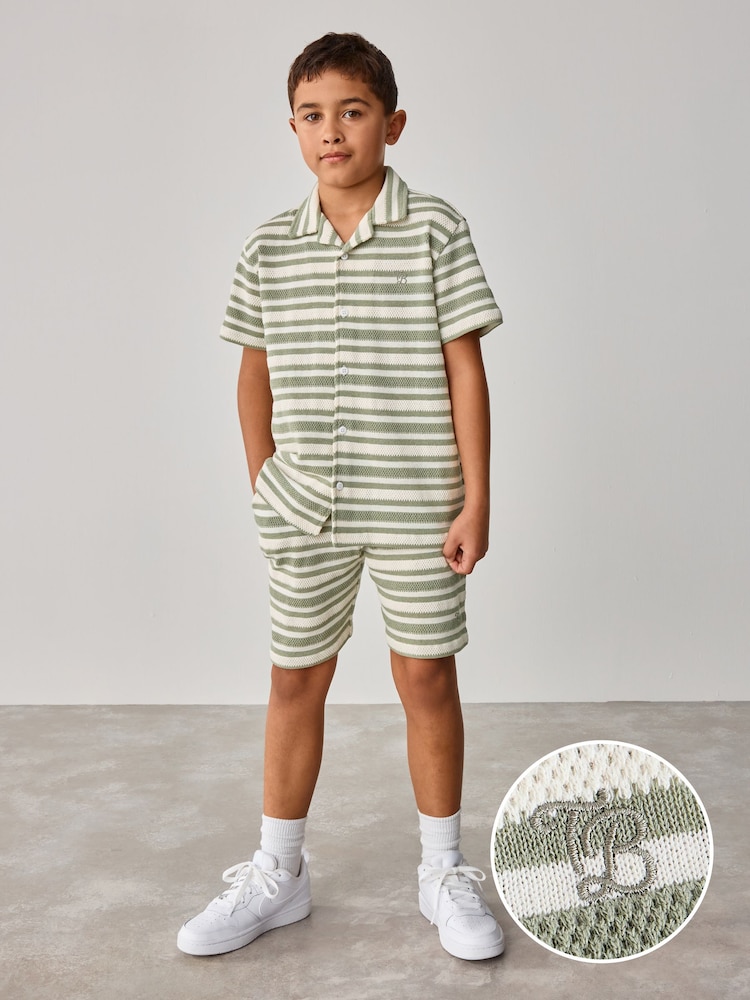 Baker by Ted Baker Green Stripe Textured Shirt And Shorts Set - Image 1 of 10
