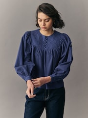 Navy Blue Quilted Long Sleeve 100% Cotton Blouse - Image 1 of 7