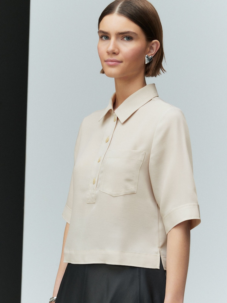 Neutral Crepe Short Sleeve Polo Shirt - Image 4 of 7