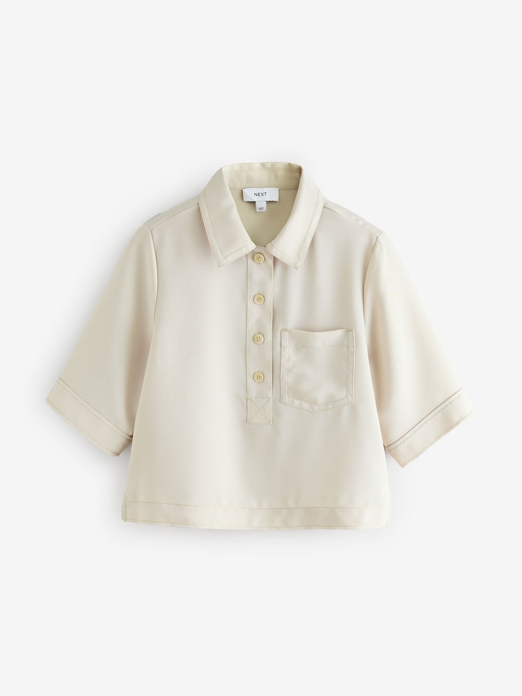 Neutral Crepe Short Sleeve Polo Shirt - Image 5 of 7