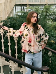 Kew Collection Ecru Floral Print Boat Neck Long Sleeve Top - Image 1 of 7