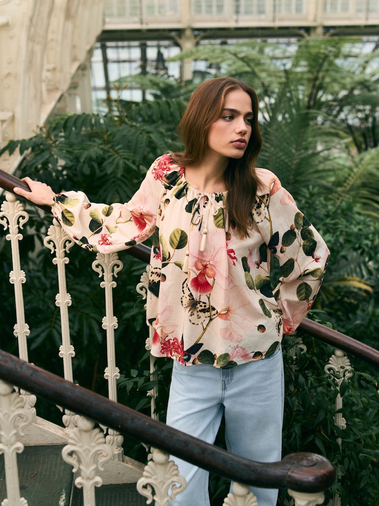 Kew Collection Ecru Floral Print Boat Neck Long Sleeve Top - Image 1 of 7
