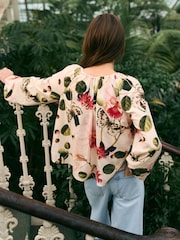 Kew Collection Ecru Floral Print Boat Neck Long Sleeve Top - Image 3 of 7
