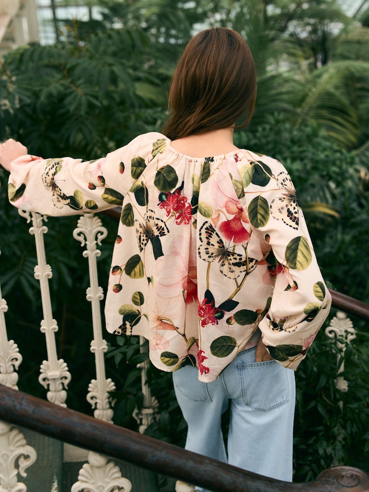 Kew Collection Ecru Floral Print Boat Neck Long Sleeve Top - Image 3 of 7
