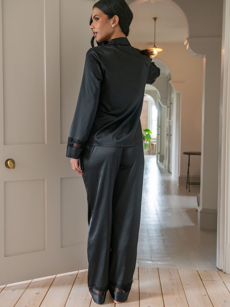 Pour Moi Black Dusk Satin and Lace Revere Collar Pyjama Set - Image 2 of 4