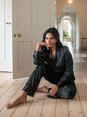 Pour Moi Black Dusk Satin and Lace Revere Collar Pyjama Set - Image 3 of 4