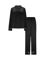 Pour Moi Black Dusk Satin and Lace Revere Collar Pyjama Set - Image 4 of 4