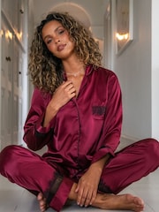 Pour Moi Dark Red Dark Red Dusk Satin and Lace Cuban Collar Pyjama Set - Image 1 of 4