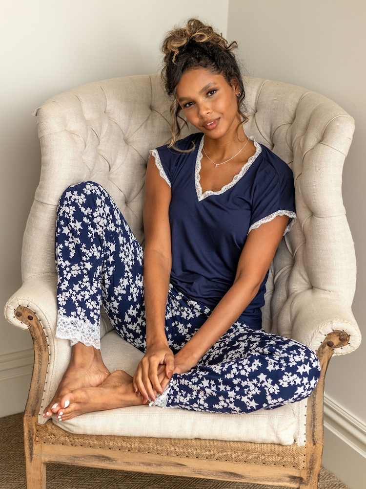 Pour Moi Blue Sofa Loves Lace T-Shirt and Trouser Pyjama Set - Image 1 of 4