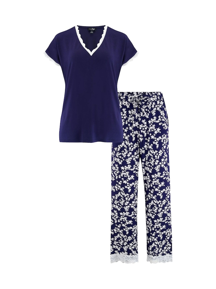 Pour Moi Blue Sofa Loves Lace T-Shirt and Trouser Pyjama Set - Image 4 of 4