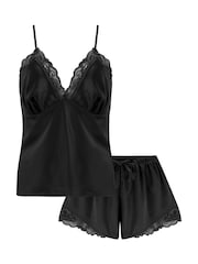 Pour Moi Black Dusk Satin Lace Trim Cami and Shorts Set - Image 4 of 4