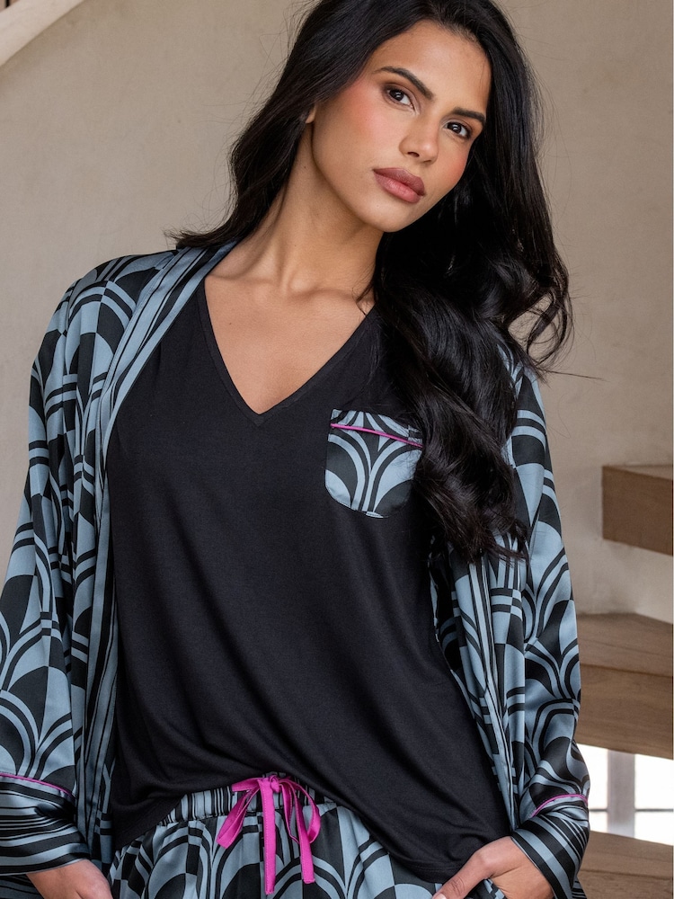 Pour Moi Black Satin Jersey T-Shirt Pyjama Set - Image 2 of 4