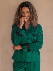 Pour Moi Green Dusk Satin and Lace Revere Collar Pyjama Set - Image 2 of 4
