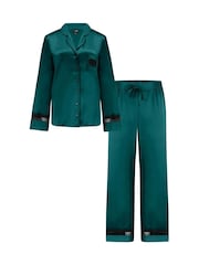 Pour Moi Green Dusk Satin and Lace Revere Collar Pyjama Set - Image 4 of 4