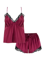 Pour Moi Red Dusk Satin Lace Trim Cami and Shorts Set - Image 4 of 4
