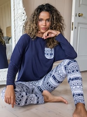 Pour Moi Blue Soft Touch Jersey Fairisle Pattern Legging Pyjama Set - Image 1 of 4