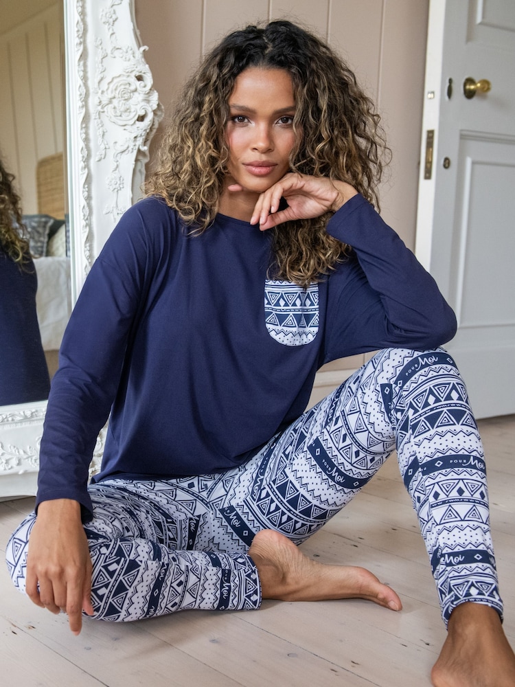 Pour Moi Blue Soft Touch Jersey Fairisle Pattern Legging Pyjama Set - Image 1 of 4