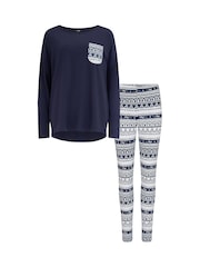 Pour Moi Blue Soft Touch Jersey Fairisle Pattern Legging Pyjama Set - Image 4 of 4