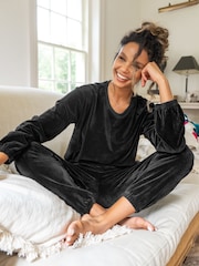 Pour Moi Black Ribbed Cosy Fleece Lounge Pyjama Set - Image 1 of 4
