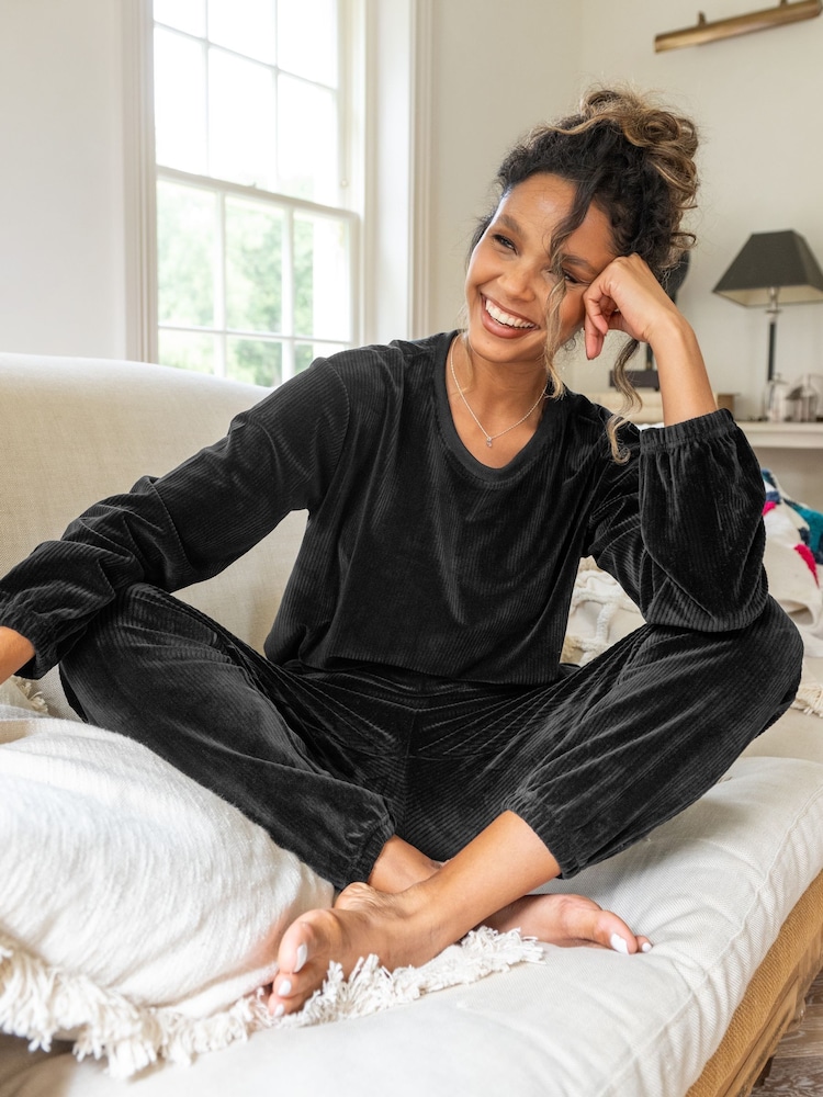 Pour Moi Black Ribbed Cosy Fleece Lounge Pyjama Set - Image 1 of 4