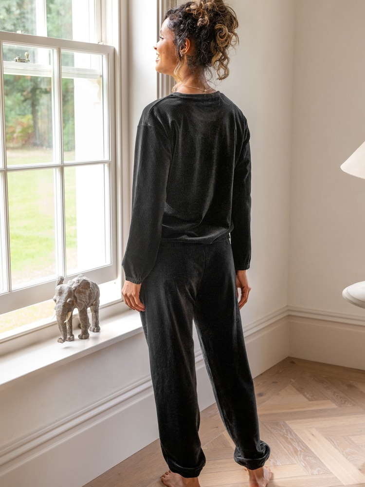 Pour Moi Black Ribbed Cosy Fleece Lounge Pyjama Set - Image 2 of 4