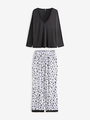 Pour Moi Black Brushed Rib Lace Trim V Neck Lounge Pyjama Set - Image 4 of 7