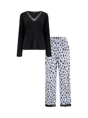 Pour Moi Black Brushed Rib Lace Trim V Neck Lounge Pyjama Set - Image 5 of 7
