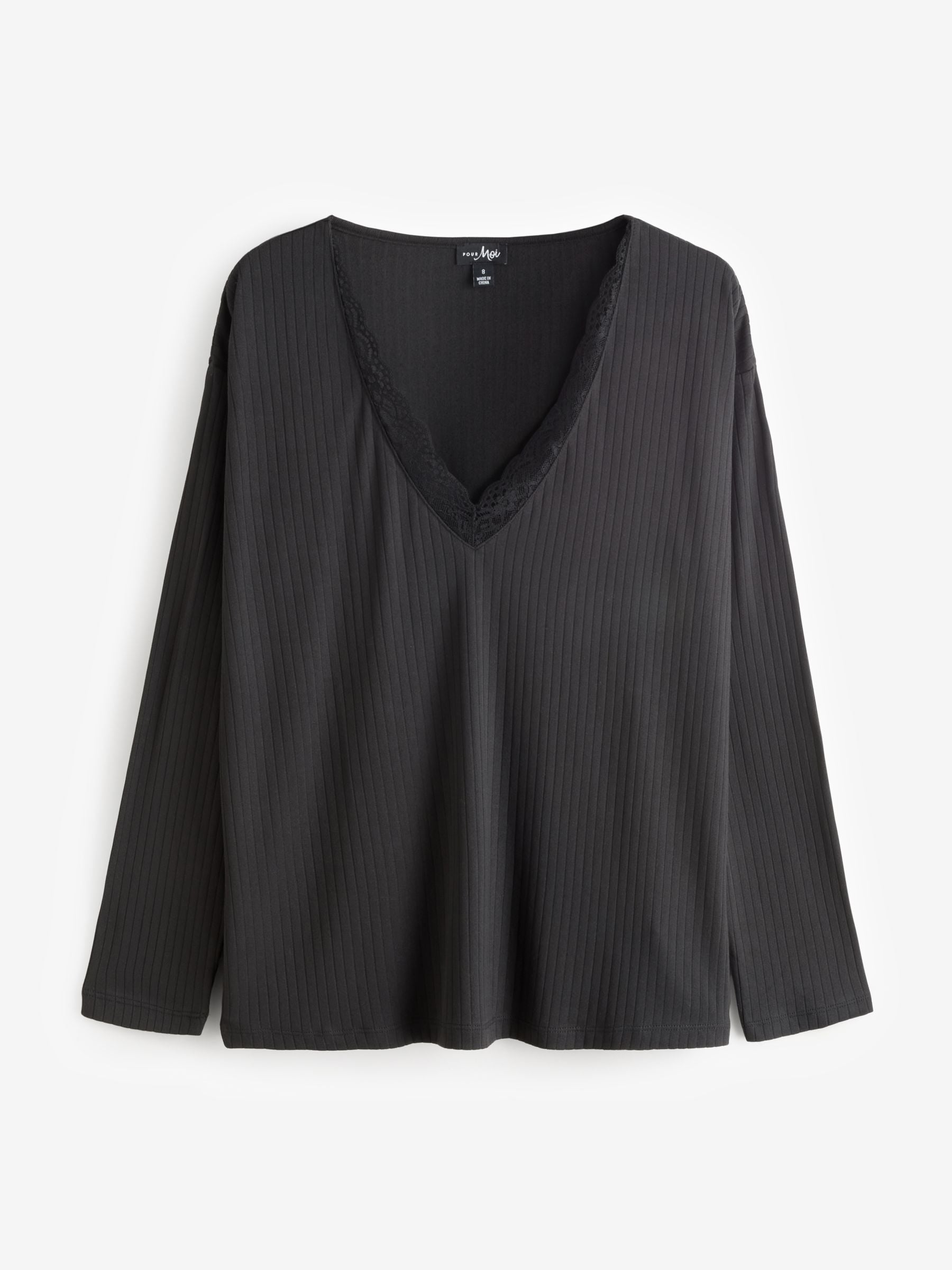 Next：日本 ブラック - Pour Moi 起毛リブ レーストリム Vネック