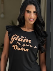Pour Moi Black Satin Jersey Glam T-Shirt Pyjama Set - Image 2 of 4