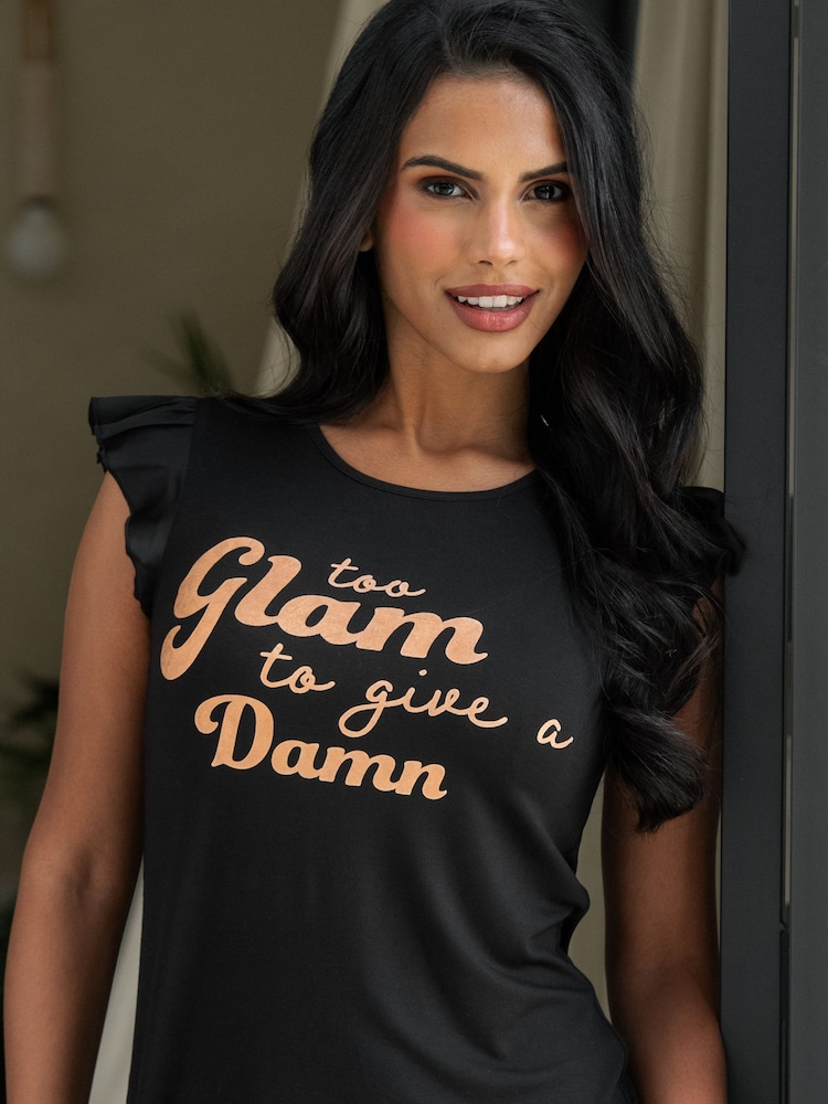Pour Moi Black Satin Jersey Glam T-Shirt Pyjama Set - Image 2 of 4