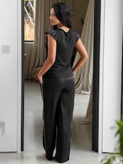 Pour Moi Black Satin Jersey Glam T-Shirt Pyjama Set - Image 3 of 4
