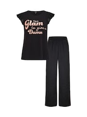 Pour Moi Black Satin Jersey Glam T-Shirt Pyjama Set - Image 4 of 4