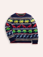 Boden Blue Dinosaur Novelty Fair Isle Pattern Jumper - Image 1 of 3