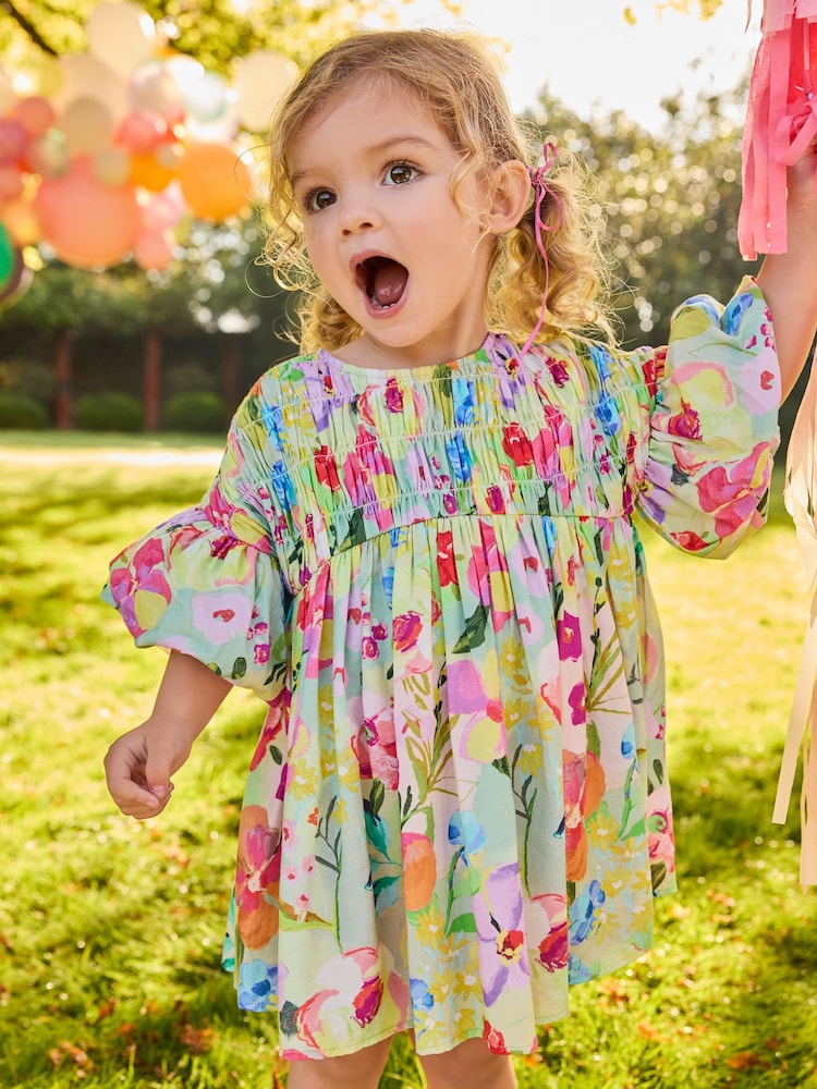 Verde floral - Vestido de verano con mangas abullonadas fruncidas (3meses-8años) - Imagen 1 de 8