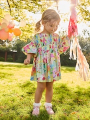 Verde floral - Vestido de verano con mangas abullonadas fruncidas (3meses-8años) - Imagen 4 de 8