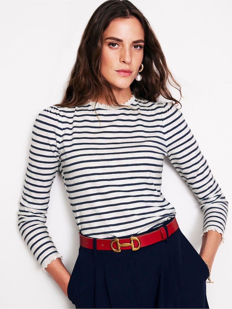 Boden Cream Broderie Trim Stripe 100% Cotton Top - Image 1 of 5