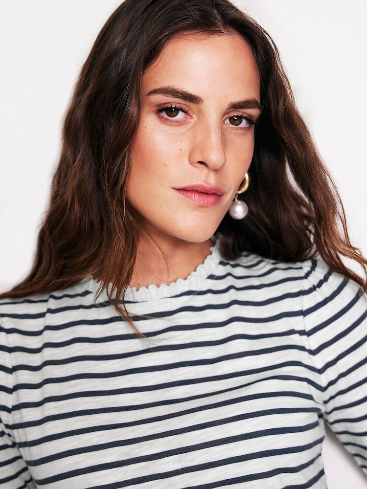 Boden Cream Broderie Trim Stripe 100% Cotton Top - Image 2 of 5