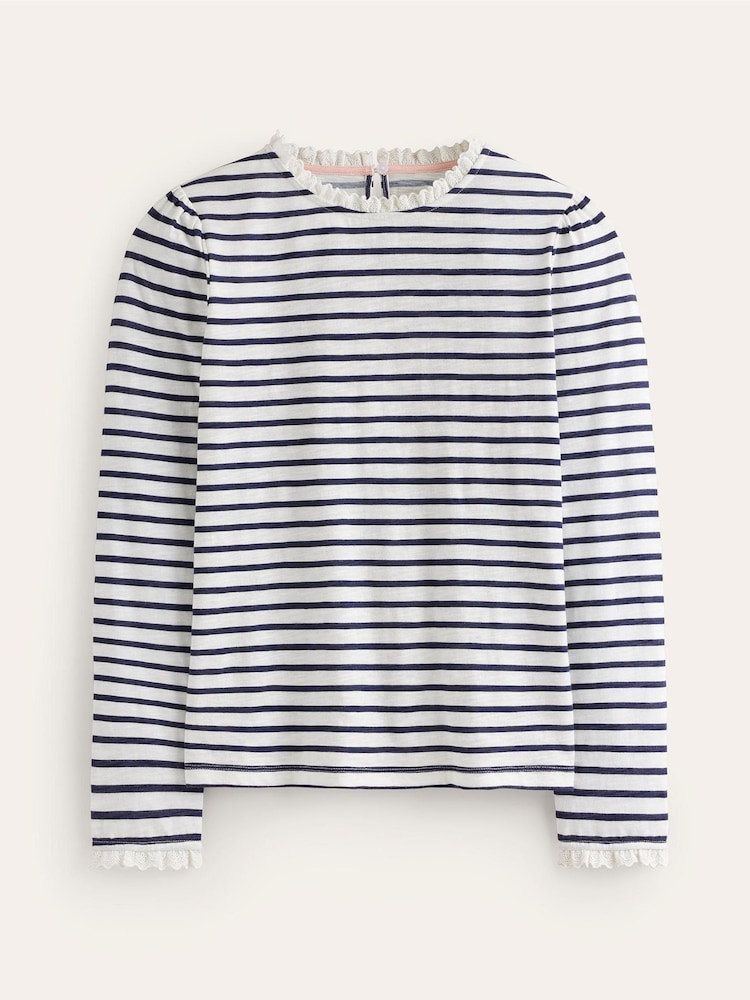 Boden Cream Broderie Trim Stripe 100% Cotton Top - Image 5 of 5