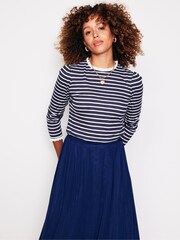 Boden Blue Broderie Trim Stripe 100% Cotton Top - Image 1 of 5