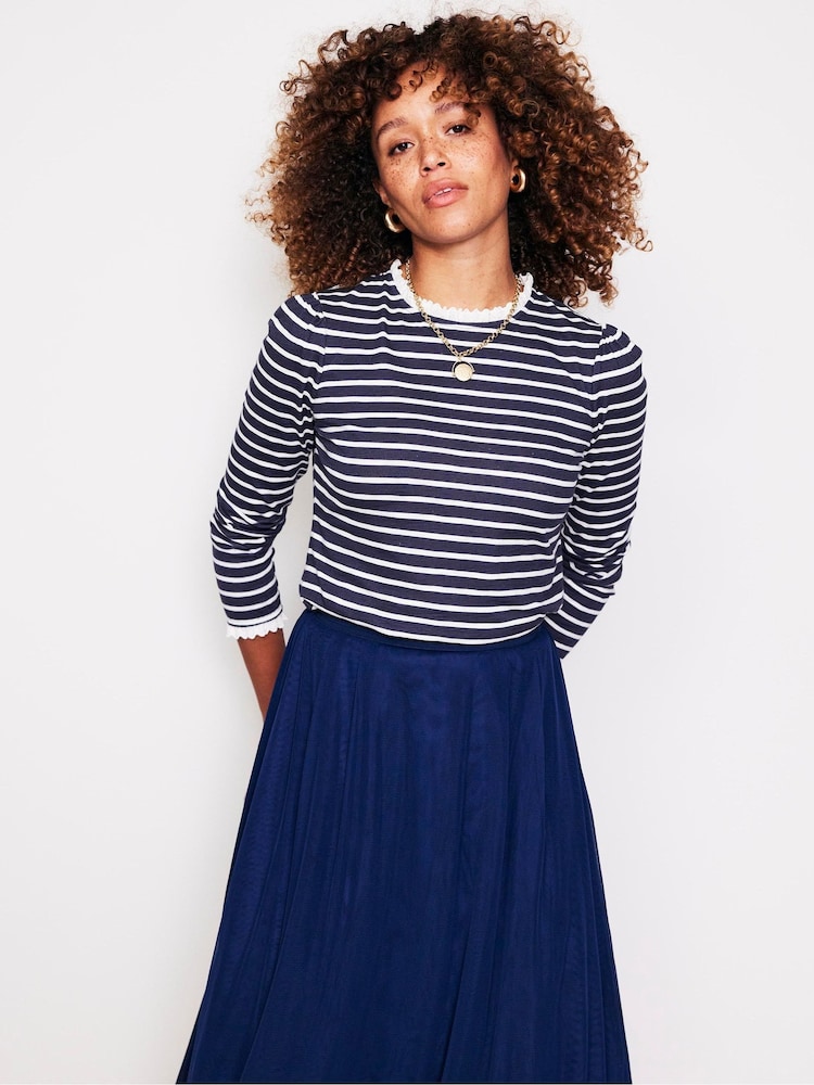 Boden Blue Broderie Trim Stripe 100% Cotton Top - Image 1 of 5