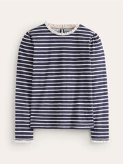 Boden Blue Broderie Trim Stripe 100% Cotton Top - Image 5 of 5