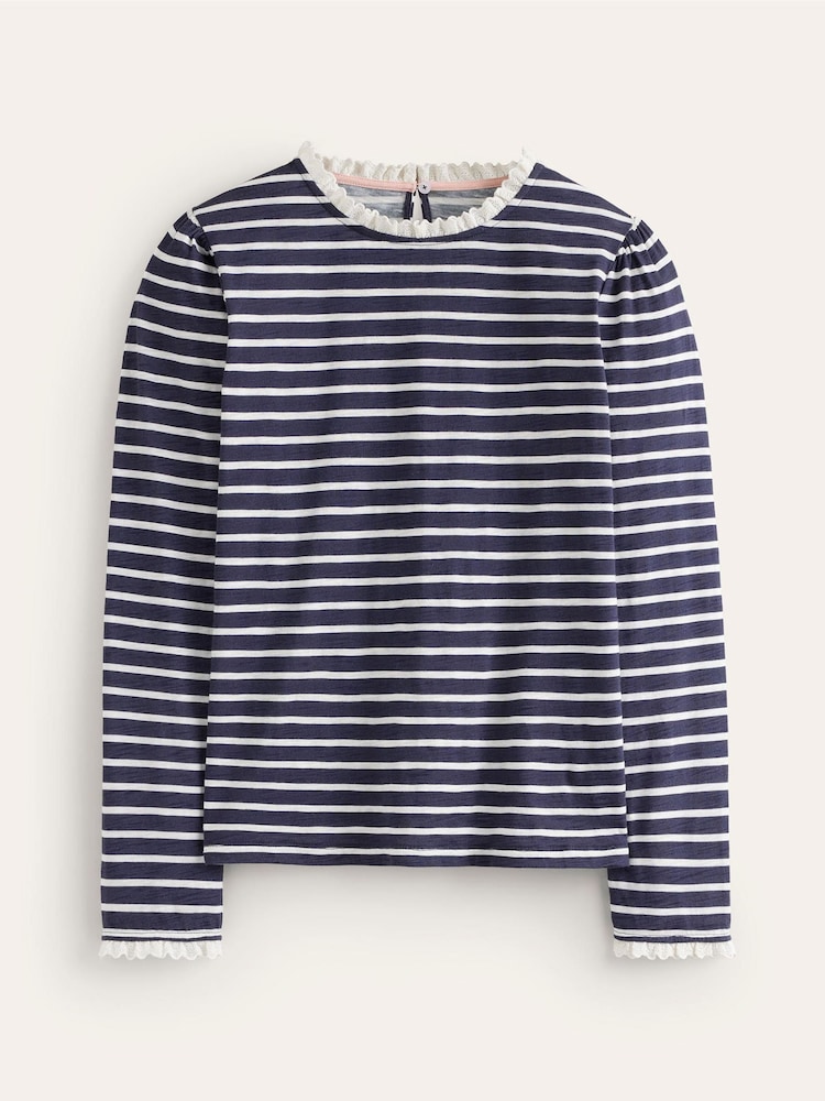 Boden Blue Broderie Trim Stripe 100% Cotton Top - Image 5 of 5