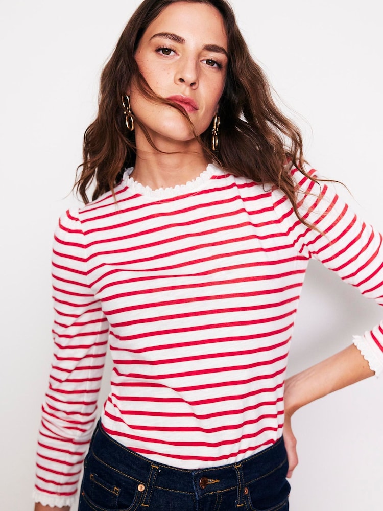 Boden Red Broderie Trim Stripe 100% Cotton Top - Image 1 of 5