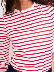 Boden Red Broderie Trim Stripe 100% Cotton Top - Image 2 of 5
