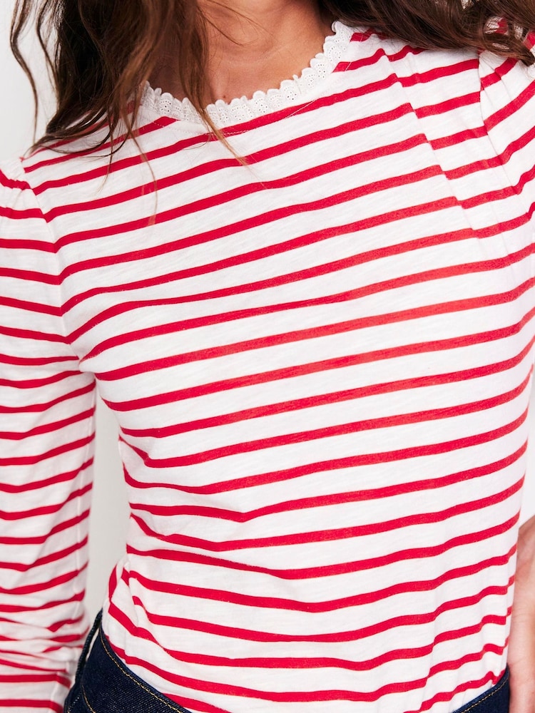 Boden Red Broderie Trim Stripe 100% Cotton Top - Image 2 of 5