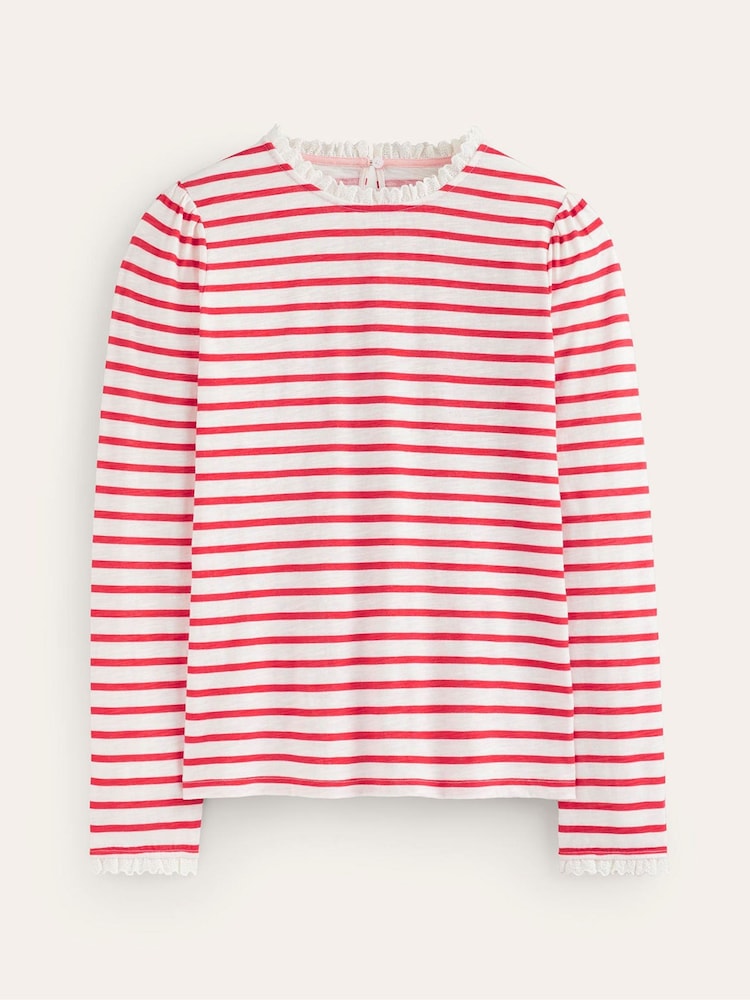 Boden Red Broderie Trim Stripe 100% Cotton Top - Image 5 of 5 Boden Red Broderie Trim Stripe 100% Cotton Top - Image 5 of 5